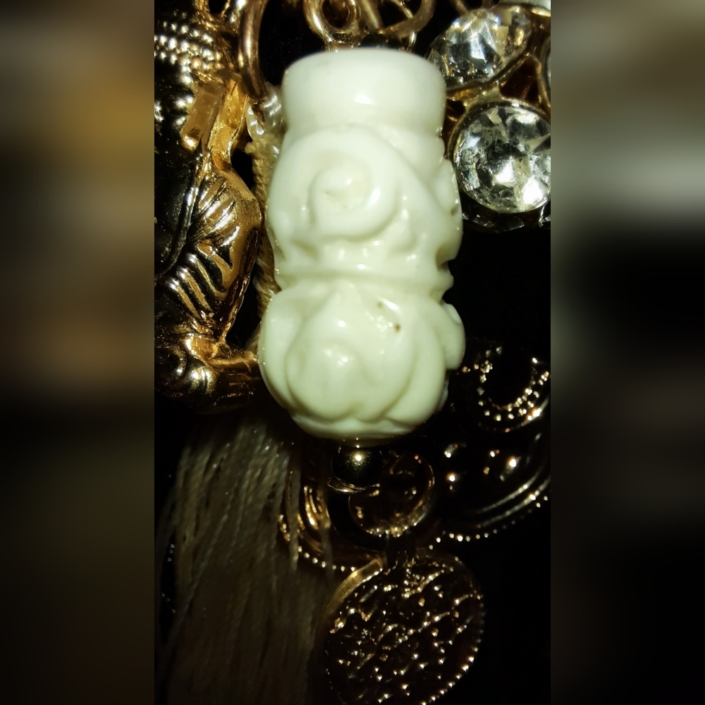 Buddha multi charm pendant gemstone bead goldtone necklace tassel Tribal - Picture 7 of 16